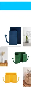 Close-up details of wall-mounted phone holder with dual hooks for convenient charging storage.
