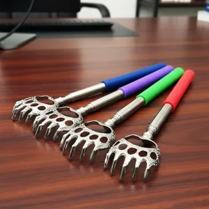 Extendable metal back scratcher with cute bear claw design and colorful anti-slip rubber handle.