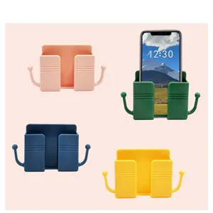 Wall mounted phone storage box bedside remote control organizer punch free holder with hooks