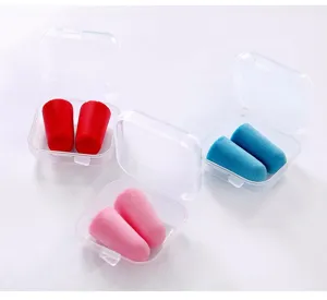 Detailed view of portable foam earplugs in clear plastic storage cases, multi-color.