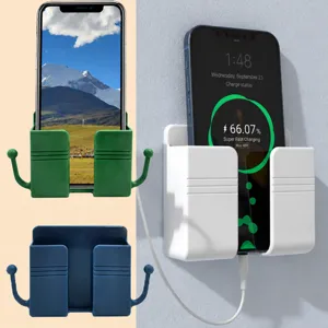 Wall Mounted Phone Charging Holder Plastic Sticky Remote Control Storage Box Punch Free Bedside Phone Stand Organizer