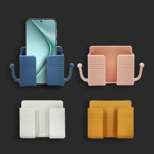 Wall Mounted Remote Control Storage Box Bedside Phone Charging Holder Punch Free Plastic Organizer Rack With Hooks