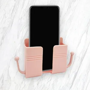 Pink wall mounted phone storage box holder bedside charging rack with convenient side hooks