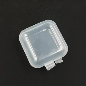 Clear plastic small storage box, mini portable container for jewelry, pills, and earplugs.