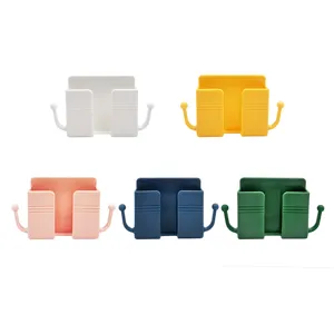 Wall-mounted remote control and phone holder storage rack with side hooks, 5 colors available.