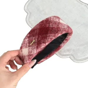Weinroter karierter dicker breiter Tweed-Haarreif für Damen, stilvoller Haarreif für den Alltag.