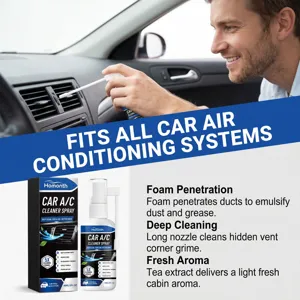 Car A/C cleaner spray detail view showing long nozzle application and deep foam cleaning.