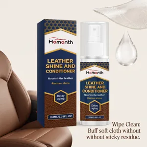 Leather cleaner detail shot showing spray bottle and box in car seat setting with liquid drop.