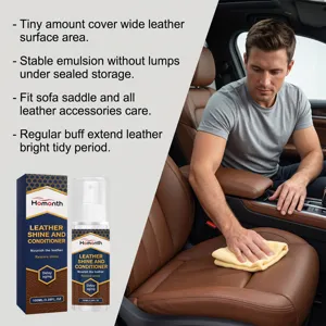 HOMONTH leather conditioner detail view showcasing car seat care, nourishing formula 100ml.