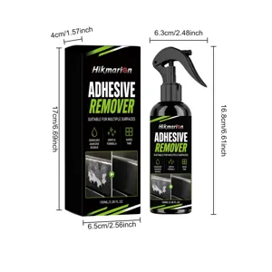 Detail view of Hikmarion adhesive remover spray bottle and box with dimensions indicated.