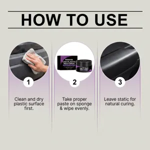 Car plastic restorer detail instruction showing 3 easy steps for cleaning and polishing.