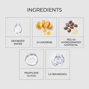 Detailed ingredient breakdown showing active components like deionized water and natural extracts.