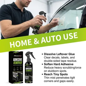 Hikmarion adhesive remover spray for car windows and home surfaces, 100ml capacity bottle.