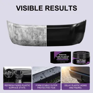 Detail view of car plastic restorer paste showing before and after restoration results.