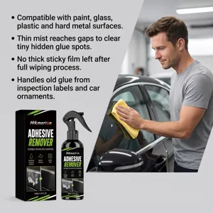 Detail view of adhesive remover spray bottle and box, highlighting multi-surface use.