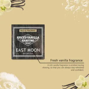 Vue détaillée du savon à raser vanille East Moon avec mousse riche et un parfum frais.