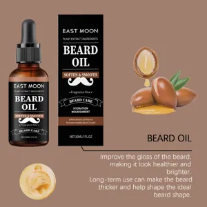 East Moon beard oil detail showing plant extract formula for soft and healthy beard care.