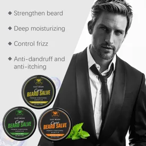 Vista detallada del bálsamo para barba Eastmoon con múltiples fragancias para el cuidado.