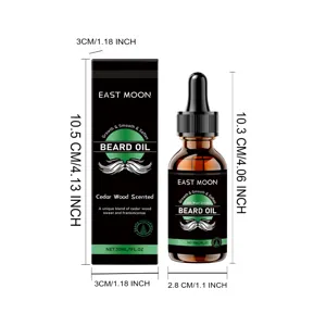 Detailansicht der East Moon Bartöl Flasche und Box mit Größenangaben und 30ml Inhalt.
