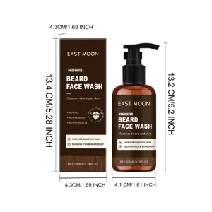 Detailansicht mit Maßen der East Moon Herren Bartwaschmittel Flasche und Verpackung.