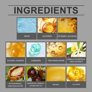 Detailed ingredient infographic displaying natural extracts and nourishing cosmetic formulation.