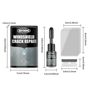 Windshield crack repair kit detail showing bottle, film, and precise size dimensions.
