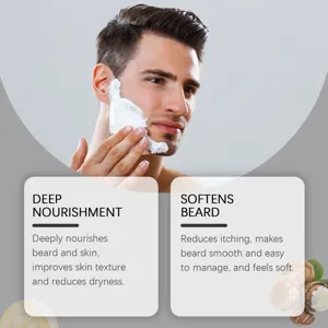 Detailed view of beard care cream showing deep nourishment and softening effects for men.