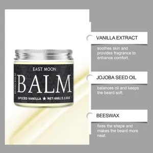Beard balm ingredient detail view showing vanilla extract, jojoba oil and beeswax formula.