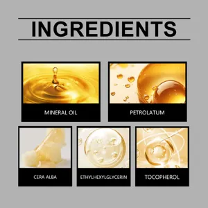 Men's beard care balm ingredient details highlighting natural nourishing oils and styling waxes.