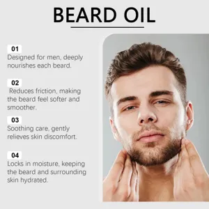 Men beard oil detail graphic showing nourishing benefits and smooth soft grooming results.