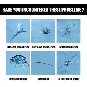 Windshield crack repair guide showing crescent, bull's-eye, and star-shaped car glass damage.