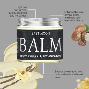 East Moon spiced vanilla beard balm detail view highlighting natural ingredients and texture.
