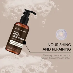 Bartwaschmittel Flaschendetail mit Pumpspender, 100ml Verpackung und Schaumhintergrund.