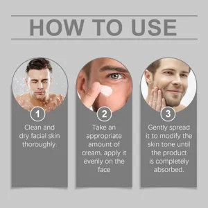 Men facial cream application instruction guide detail view showing three simple steps.