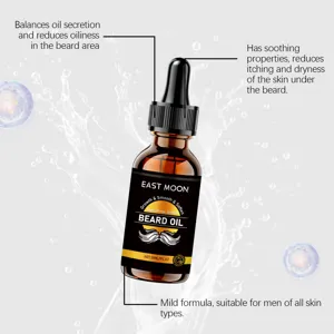 Detailed view of East Moon beard oil bottle, sweet orange scent, soothing and softening care.