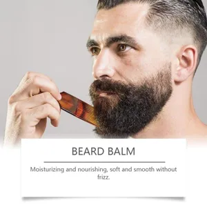 Detail view of men beard balm and grooming comb showing smooth nourishing texture and care.