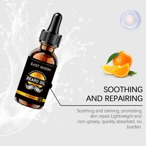 Detailed view of sweet orange scented beard oil with dropper, showing smooth texture and splash.