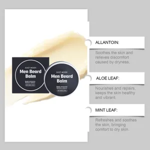 Close-up detail of men beard balm showing nourishing texture and key herbal ingredients.