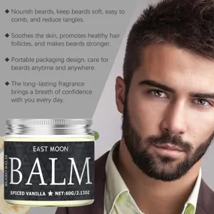 East Moon vanilla beard balm detail, moisturizing and softening care for daily men's grooming.