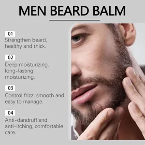 Detail view of men beard balm showing deep moisturizing, strengthening and anti-frizz features.