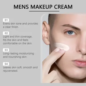 Mens makeup cream detail view showing smooth texture, light coverage, and moisturizing effect.