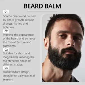 Detail view of men's beard balm product showing moisturizing and soothing care features.