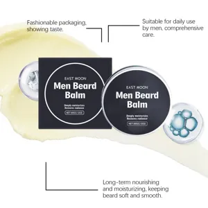 Men beard balm detail view, showing smooth texture, packaging and nourishing product features.