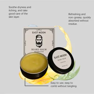 Detail shot of the soothing beard balm tin showing smooth texture and herbal ingredients.