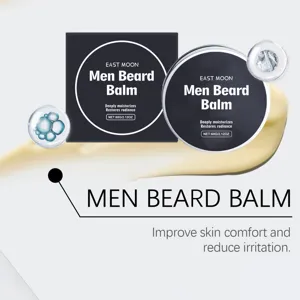 East Moon beard balm detail view, showing smooth texture, moisturizing and nourishing formula.