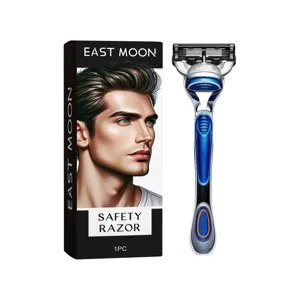 East Moon heren veiligheidsscheermes met blauwe handgreep en mesjes voor glad scheren.