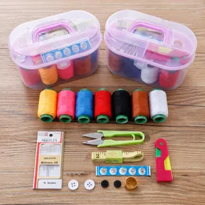 Caja de Kit de Costura Portátil para Hogar Estuche de Almacenamiento de Plástico con Carretes de Hilo Multicolor Agujas Tijeras Cinta Métrica