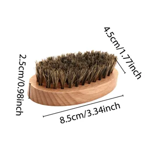 Wooden boar bristle beard brush detail view, compact portable daily grooming tool for men care.