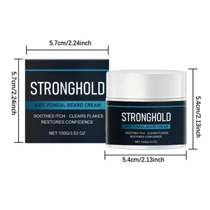Stronghold anti-fungal beard cream details, 100g jar with box and size dimensions shown clearly.
