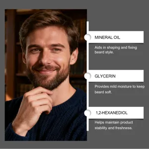 Beard balm detail view showcasing nourishing ingredients like mineral oil and glycerin for men grooming.